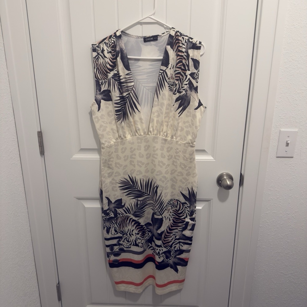 Chicme Women's Deep V Neckline Unique Tiger Print Silky Feel Midi Dress Size XL